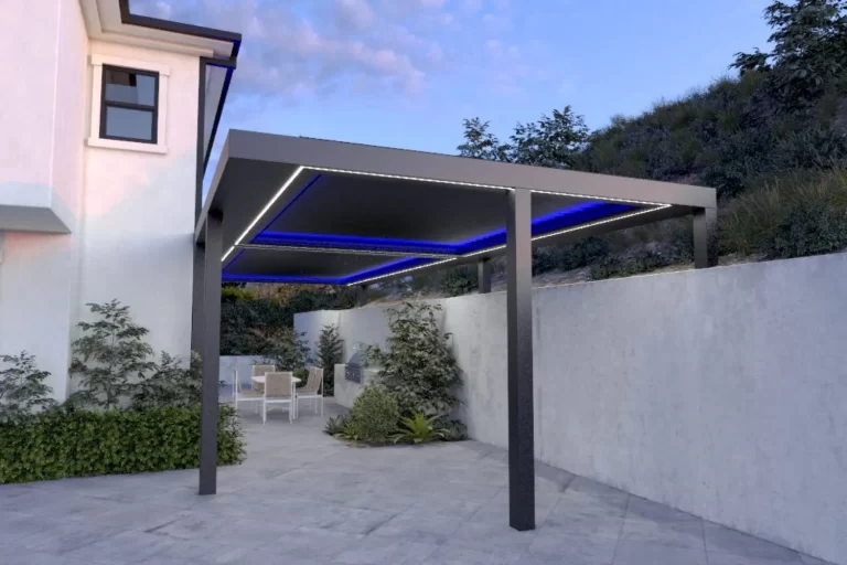 Modern freestanding black metal pergola with integrated LED accent strip lighting at dusk