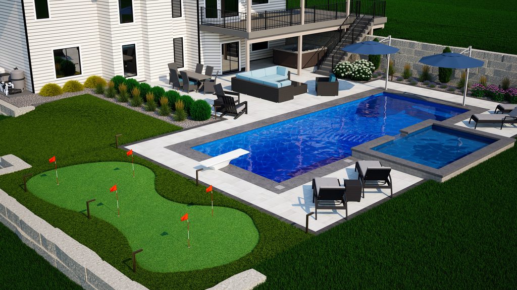 fiberglass pool and backyard rendering for landscaping and hardscaping putting green pool and patio