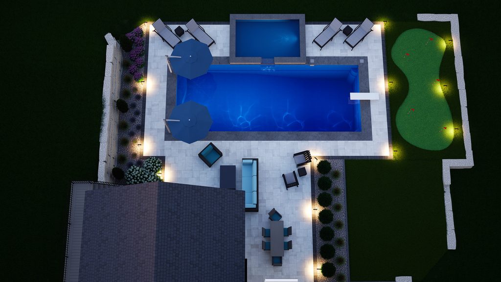 fiberglass pool and backyard rendering for landscaping and hardscaping
