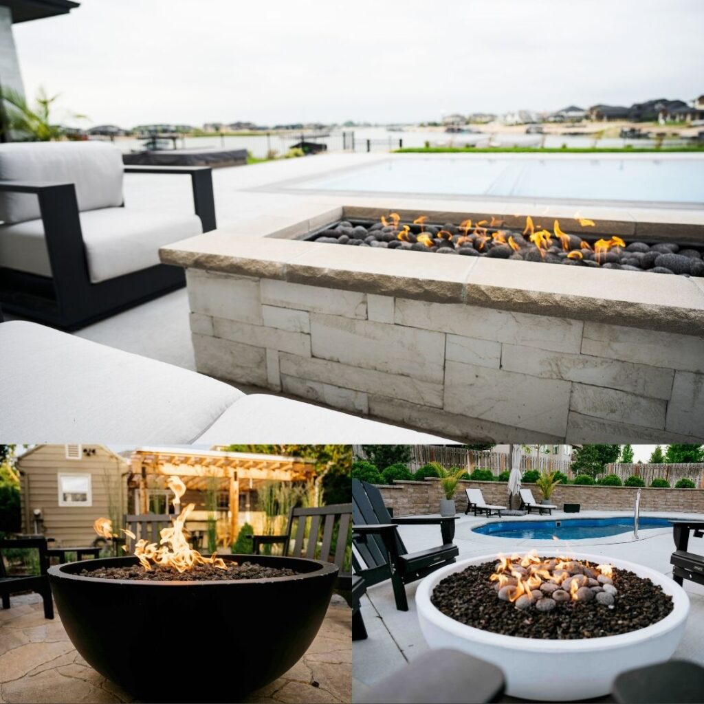 Custom fire pit installation, outdoor gas fire pit, hardscape contractor, pool patio design