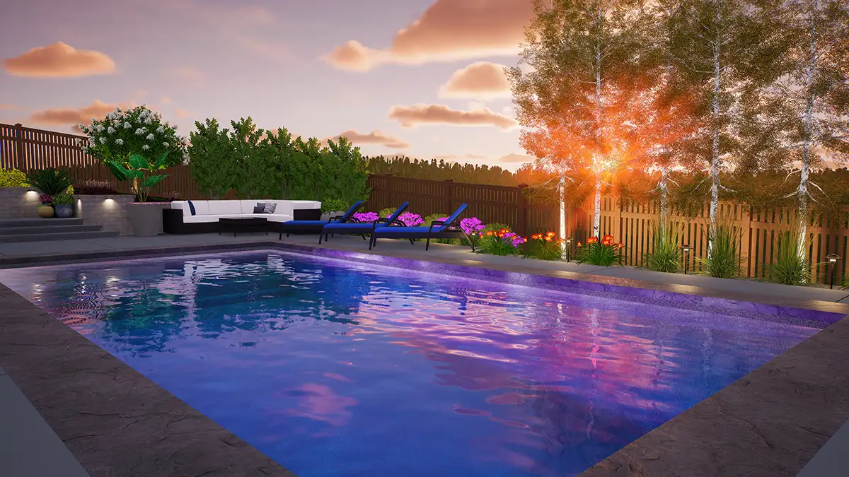 3D outdoor living rendering displaying custom paver patio, fire pit, retaining wall, and detailed plant layout