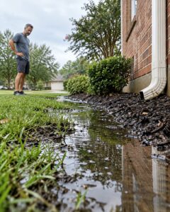Standing water pooling beside a home foundation after rain, highlighting the need for proper yard drainage and landscape drainage solutions