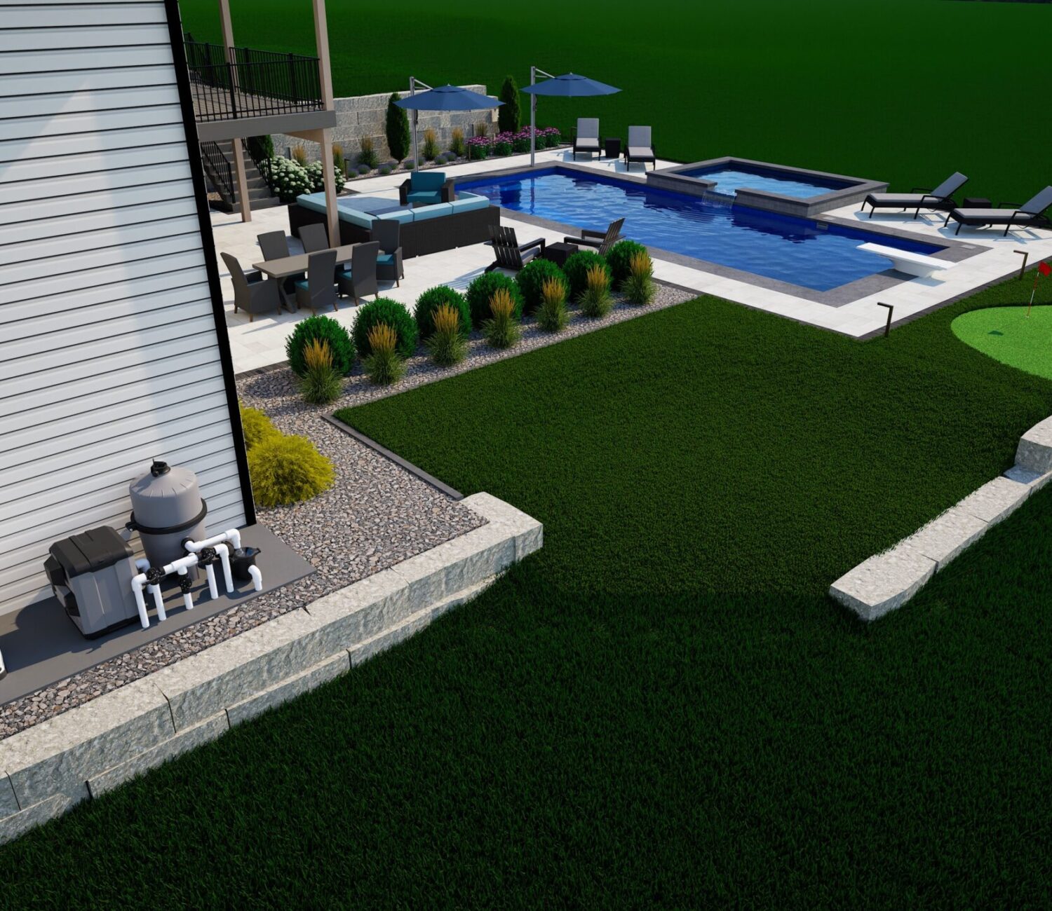 Aerial 3D landscape design rendering of a custom pool and patio layout by AJ's Landscaping.