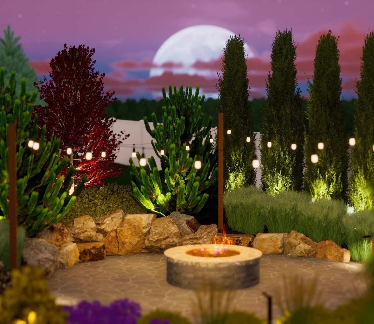 Landscape design rendering featuring a cozy backyard fire pit and outdoor lighting by AJ's Landscaping Omaha.