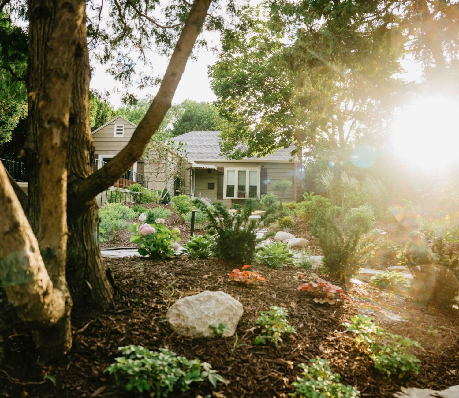 Backyard landscape design with mature trees, garden beds, natural stone, and lush plantings