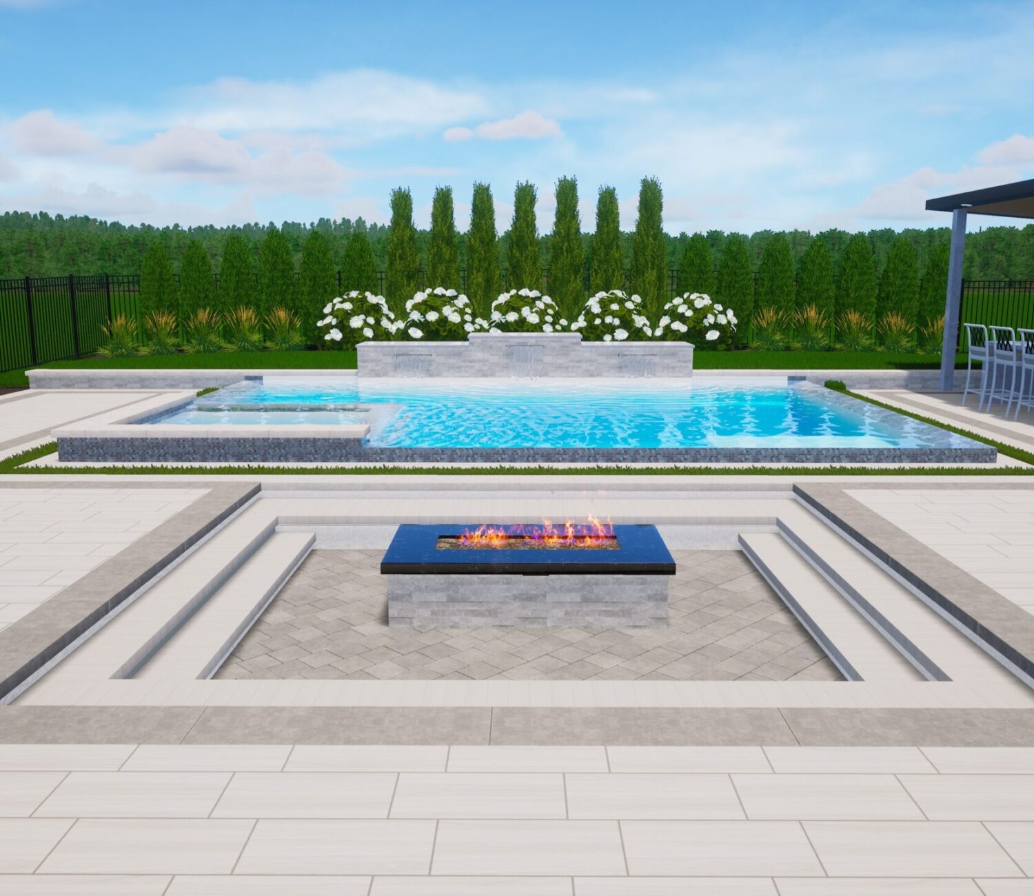 Straight-on 3D rendering view of a custom pool and paver patio installation by AJ's Landscaping.