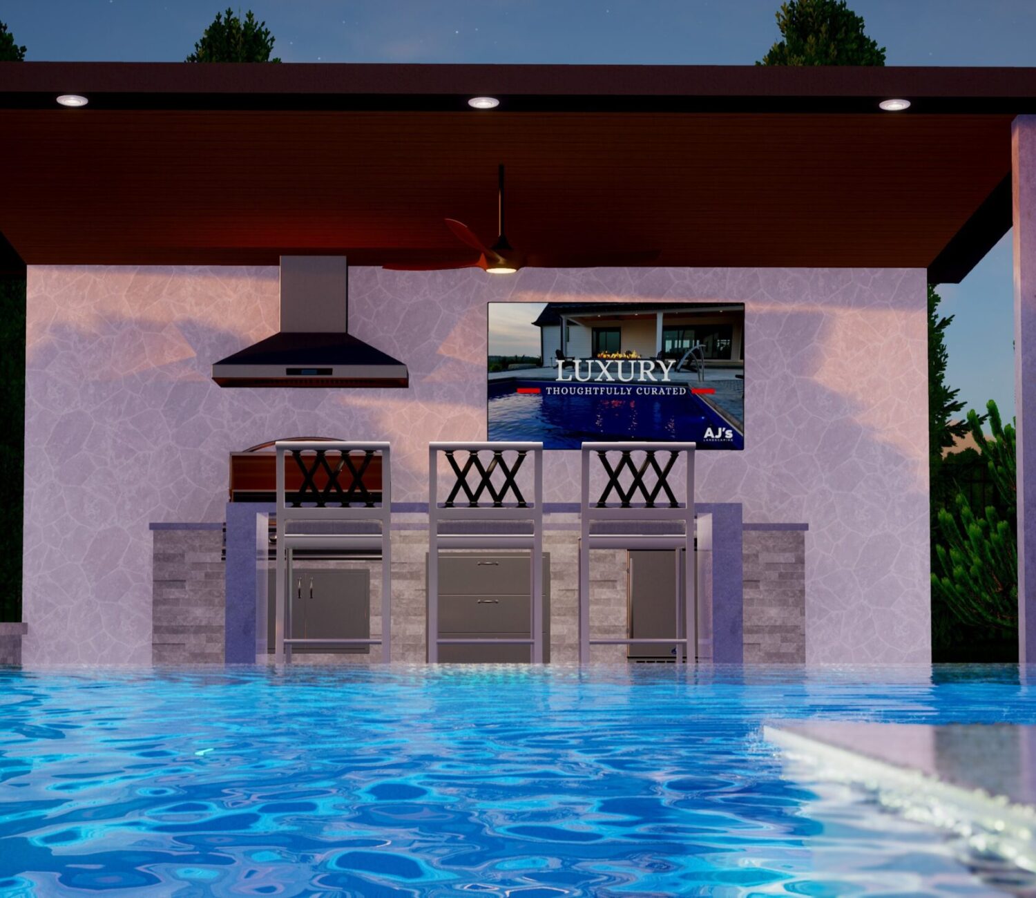Covered outdoor kitchen and bar design rendering by AJ's Landscaping in Omaha.