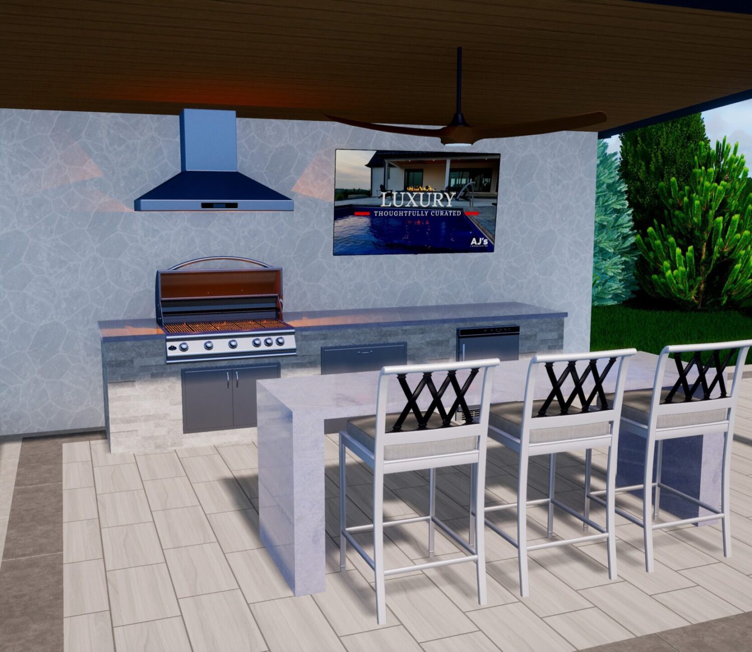 Outdoor kitchen rendering featuring a bar counter, range hood, and seating area by AJ's Landscaping.