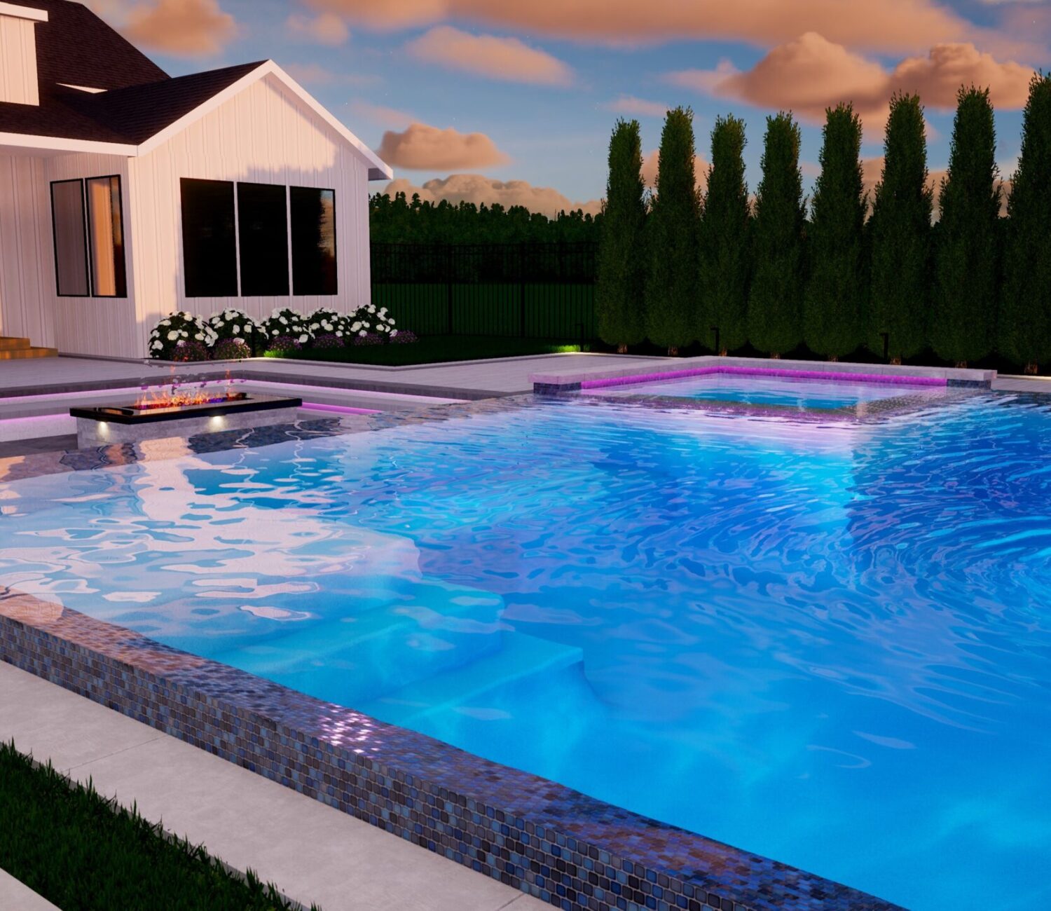 Modern pool design rendering with integrated spa and patio pavers by AJ's Landscaping.