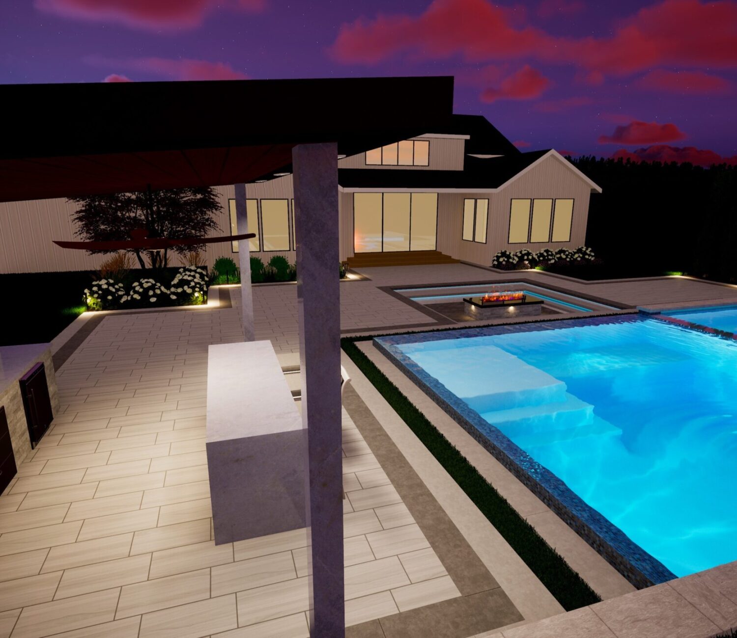 Nighttime 3D pool rendering showing illuminated water features and landscape design in Omaha, NE.