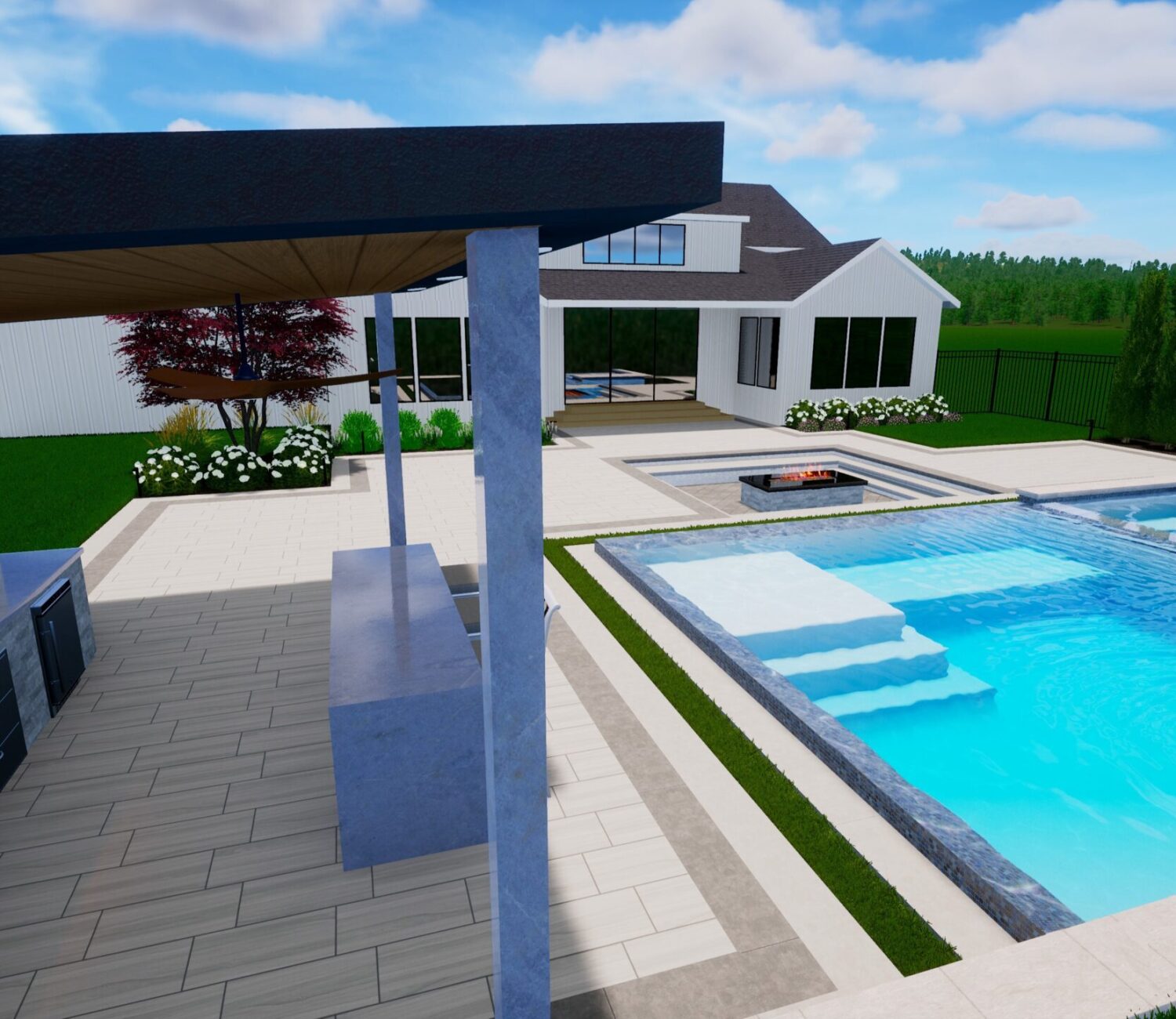 Backyard 3D pool rendering with modern stone patio and outdoor living space by AJ's Landscaping.