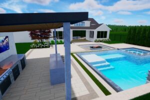 3D rendering of a custom backyard pool design and luxury landscape plan by AJ's Landscaping