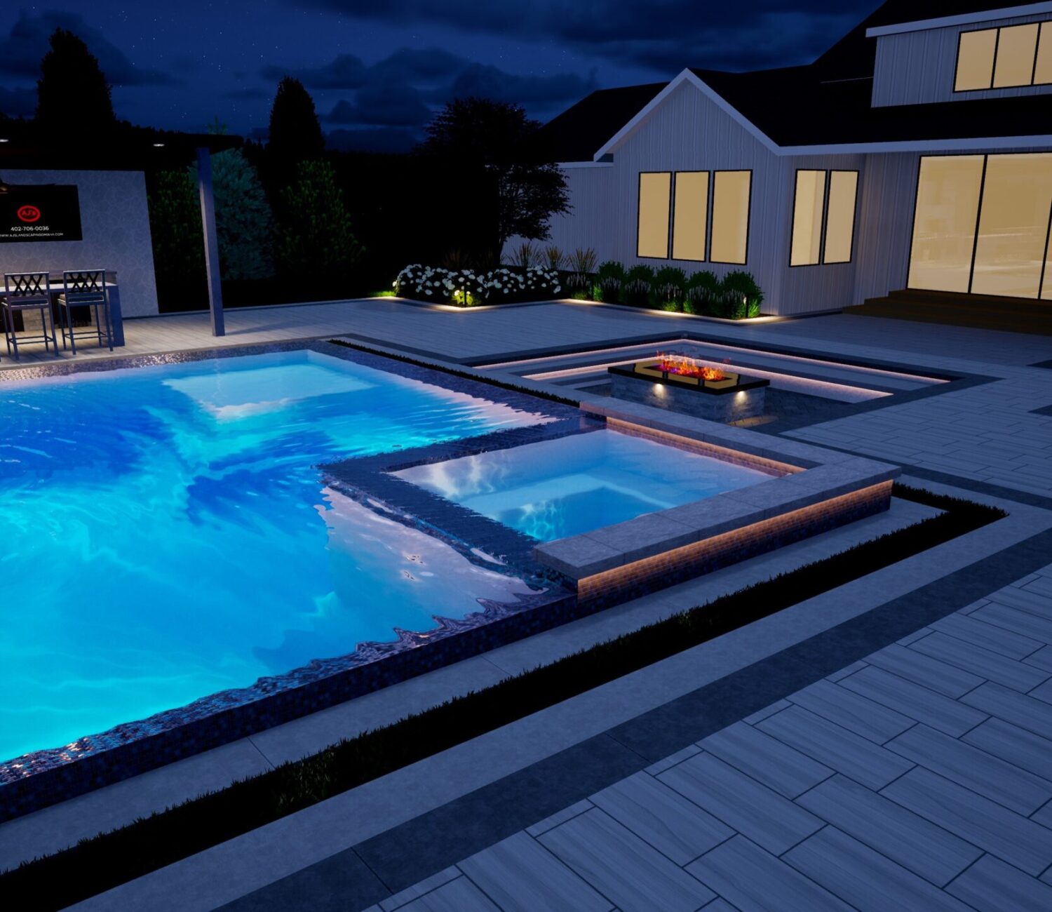 Evening 3D pool and hot tub rendering with custom pool lighting designed by AJ's Landscaping Omaha.