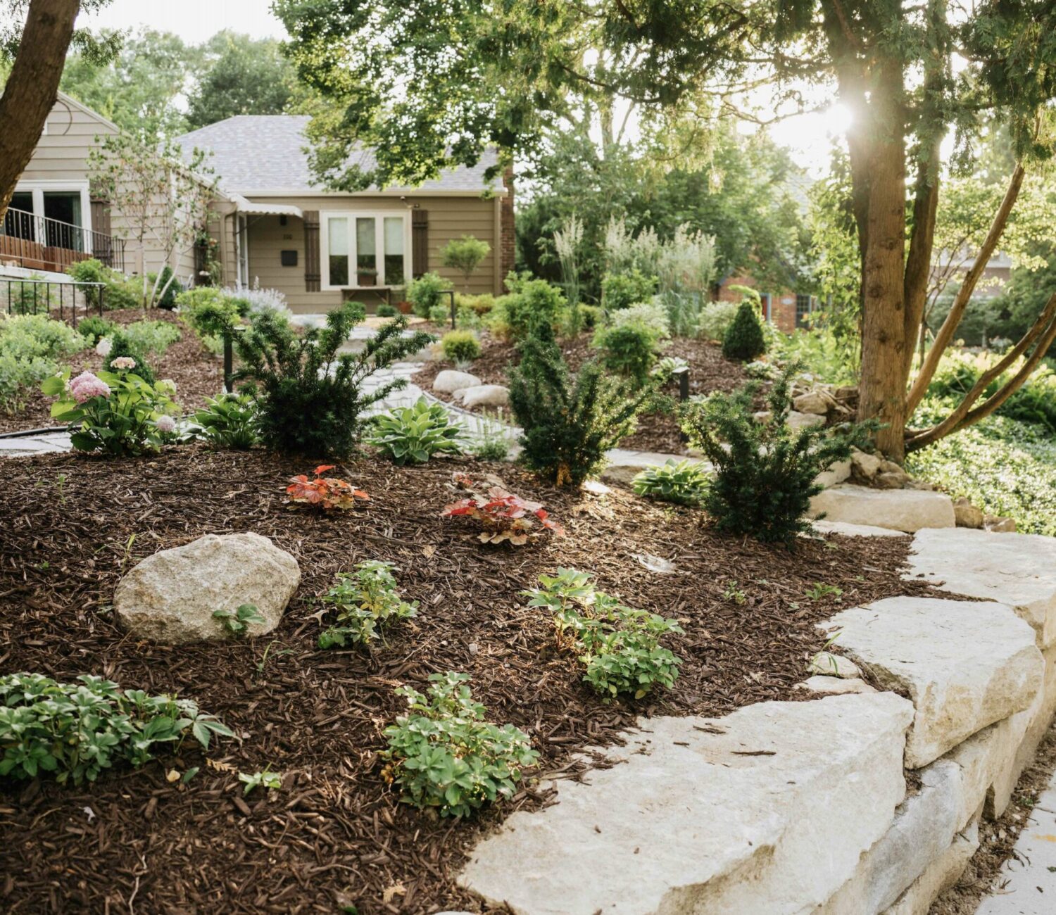 Backyard landscape design featuring natural stone retaining walls, layered planting beds, ornamental grasses, and mature trees