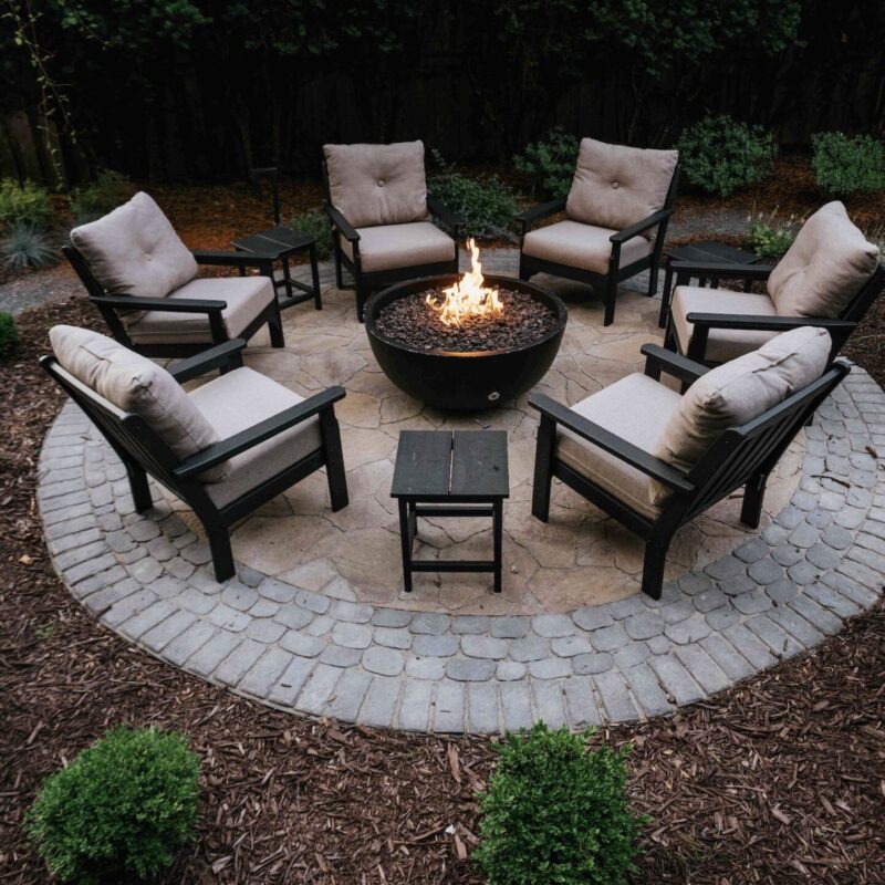 Top-down view of round fire pit lounge area set on circular paver patio with seating